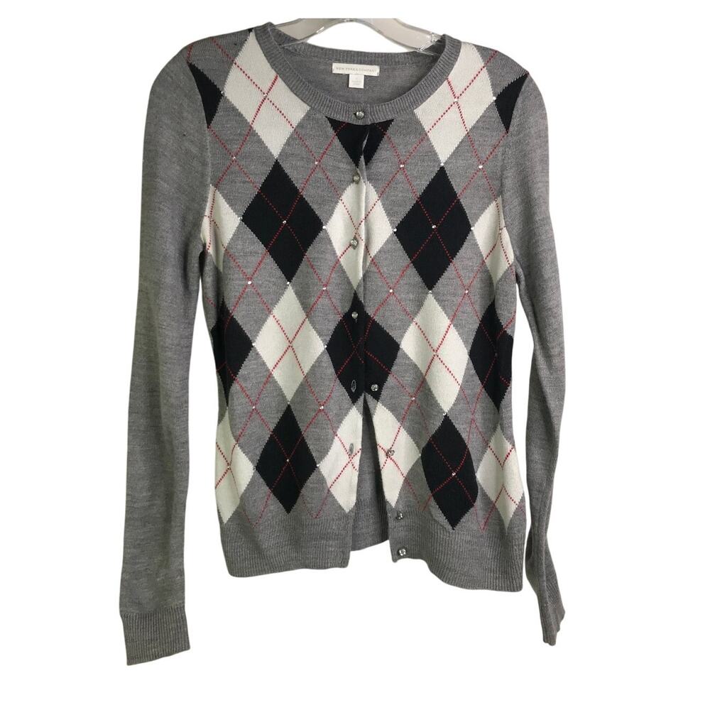 New York & Company Cardigan Sweater Women Sz S Gray Black Argyle Gems